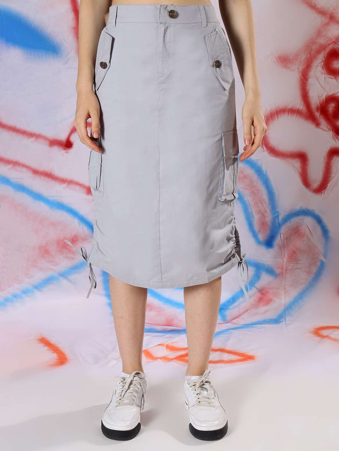 women solid high rise cargo skirt
