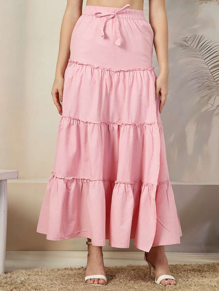 women solid high rise tiered skirt