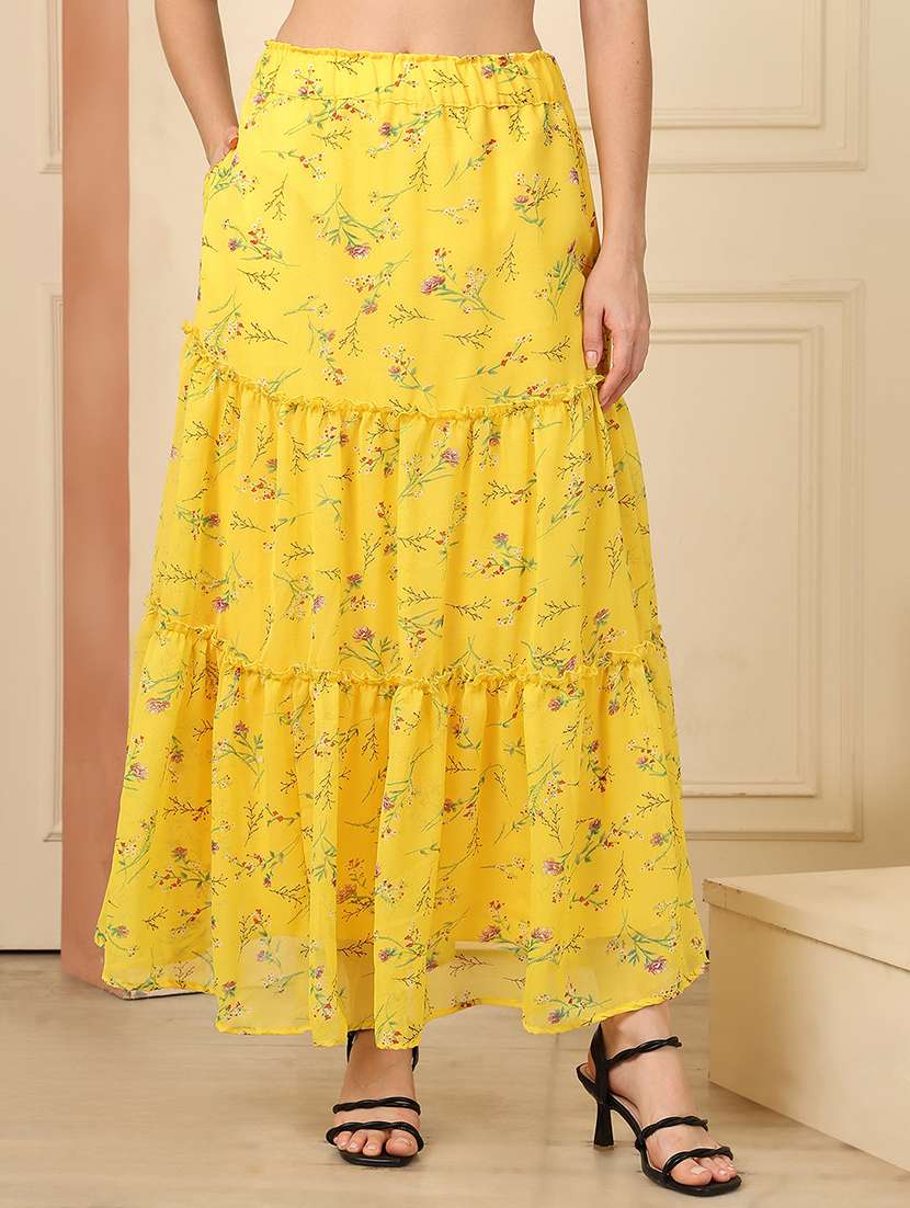 women printed high rise tiered skirt