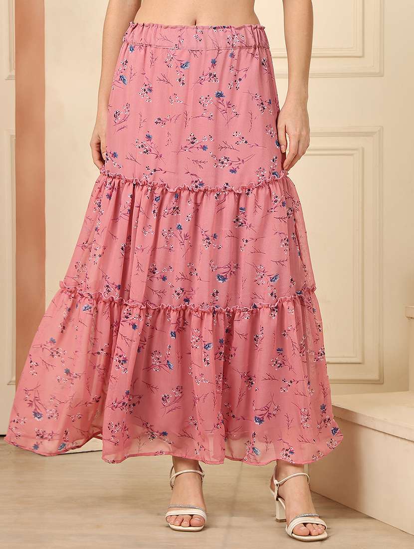 women printed high rise tiered skirt