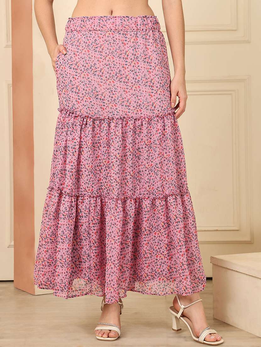 women printed high rise tiered skirt