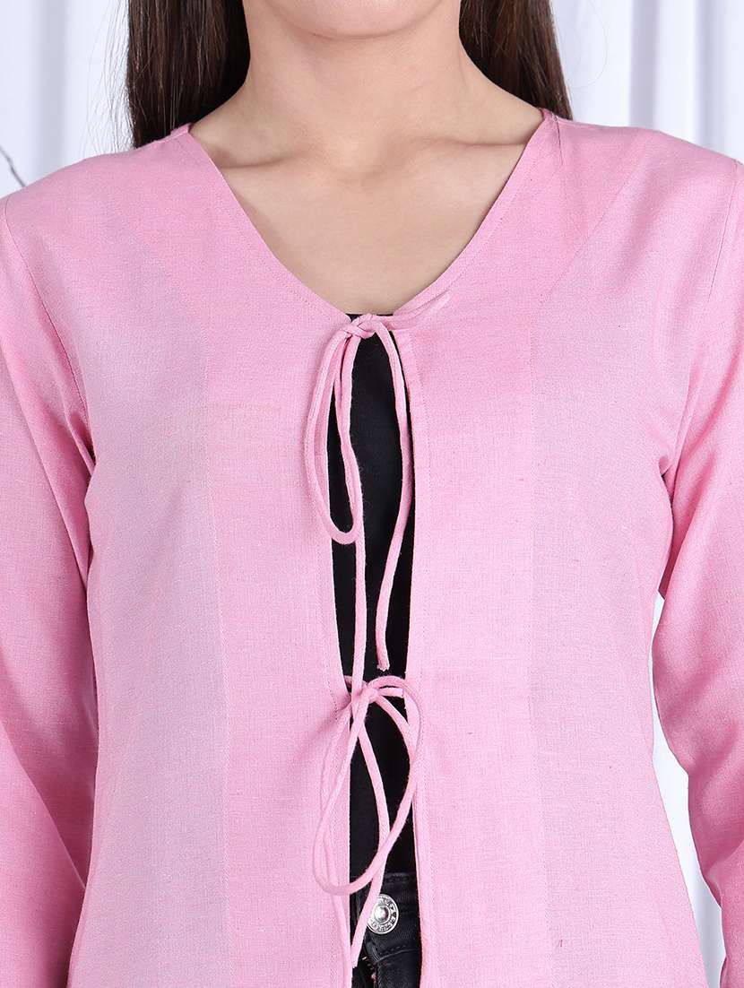 women solid long sleeve front tie top - 22330395 -  Standard Image - 5