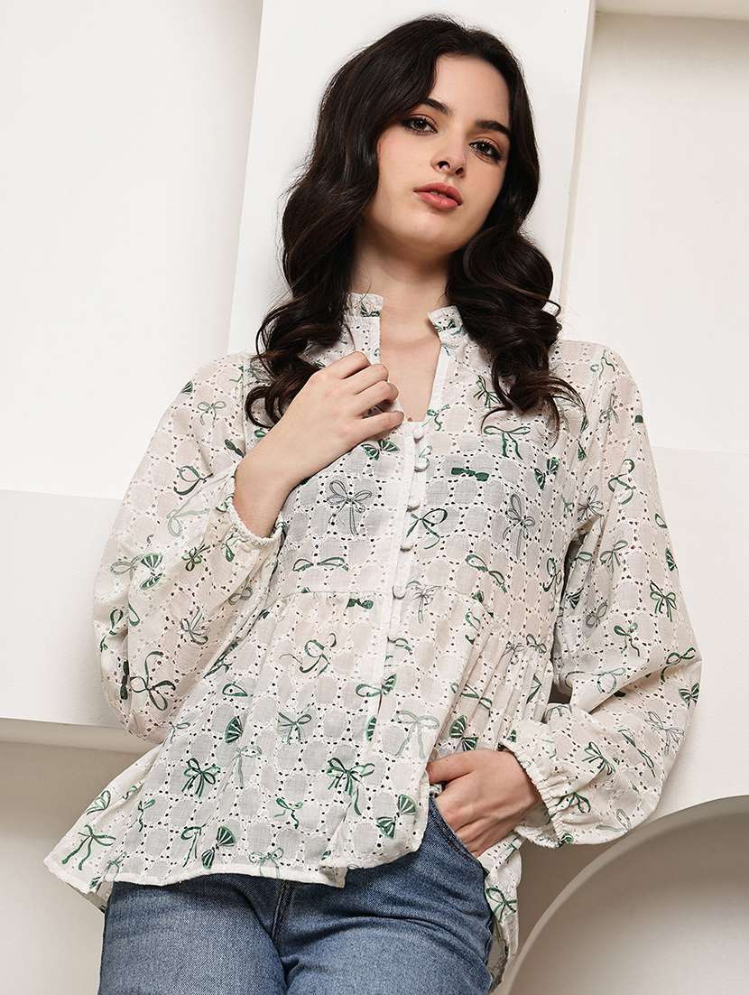 women printed puff sleeve a-line top