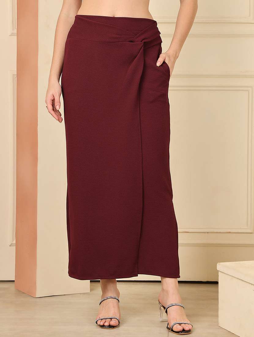 women solid mid rise wrap skirt