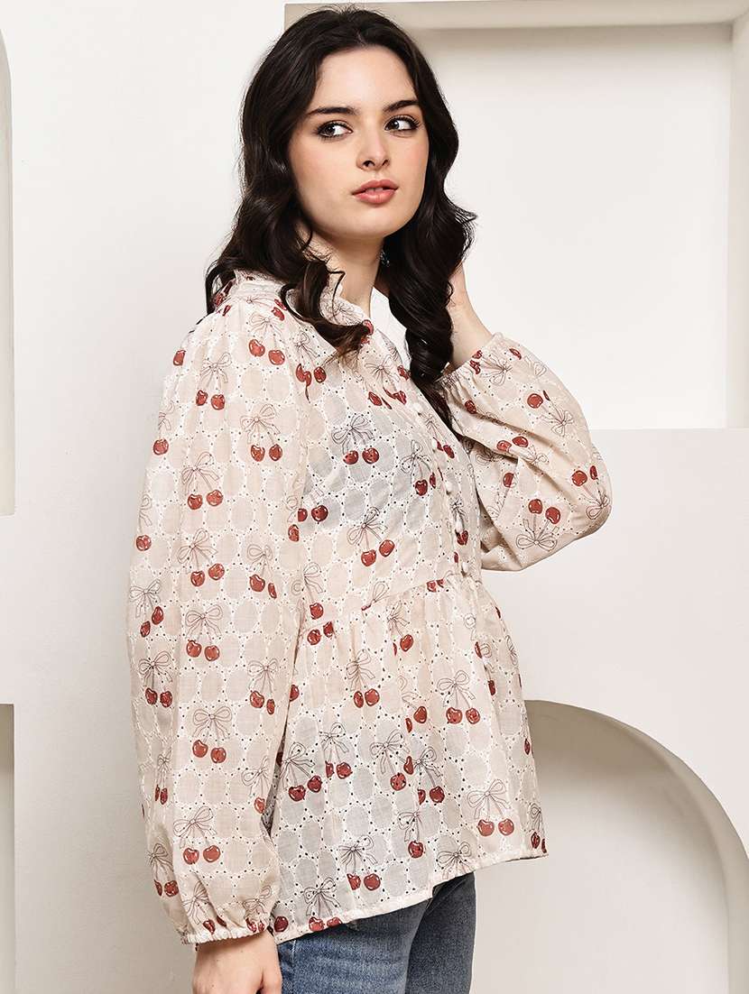 women printed puff sleeve peplum top - 22330398 -  Standard Image - 3