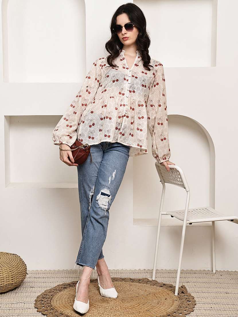 women printed puff sleeve peplum top - 22330398 -  Standard Image - 5
