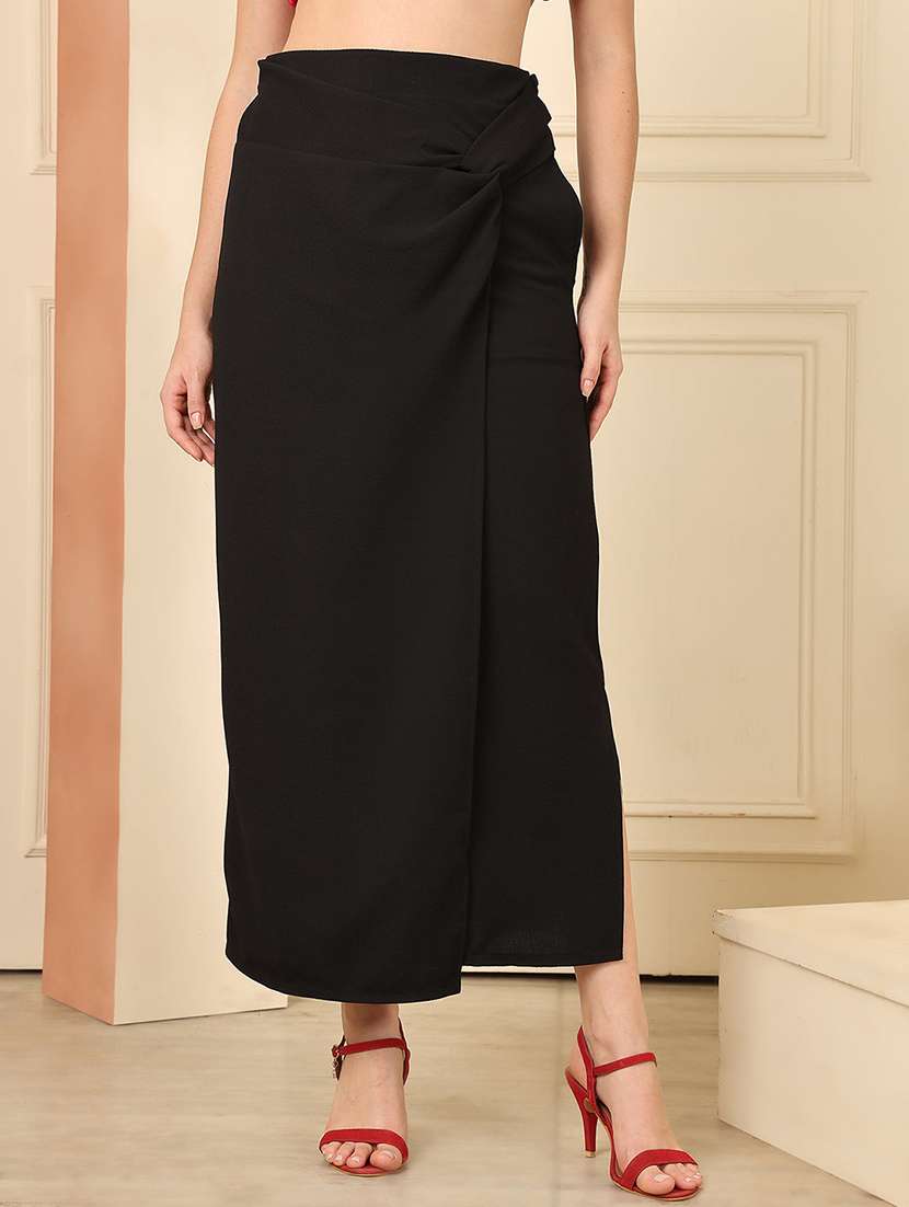 women solid mid rise wrap skirt