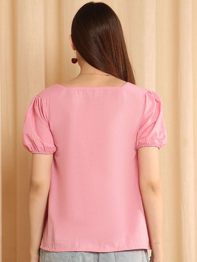 women solid puff sleeve a-line top - 22330467 -  Standard Image - 3