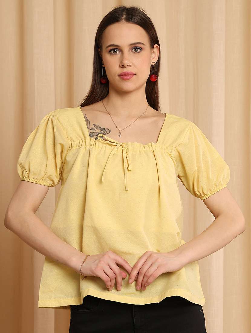 women solid puff sleeve a-line top