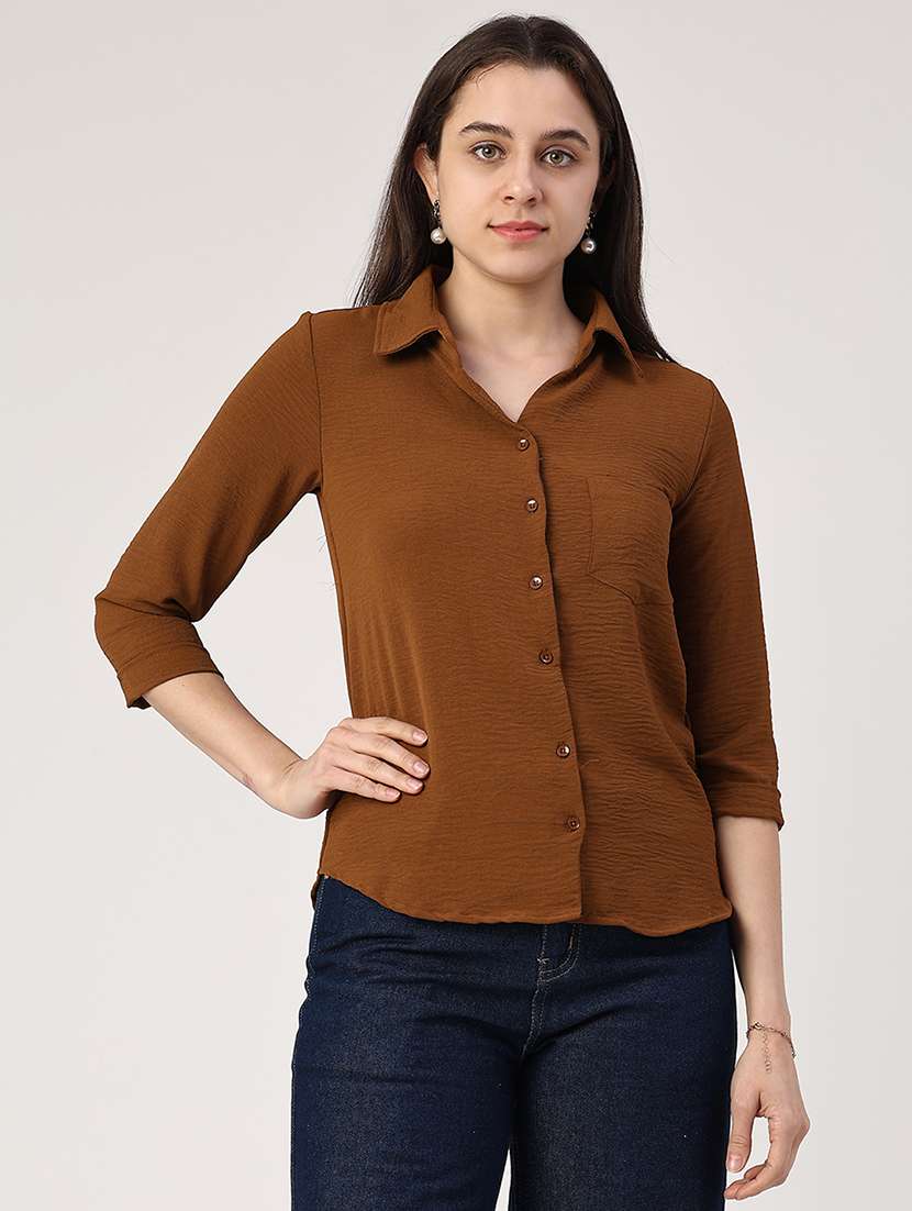 women brown cotton regular shirt