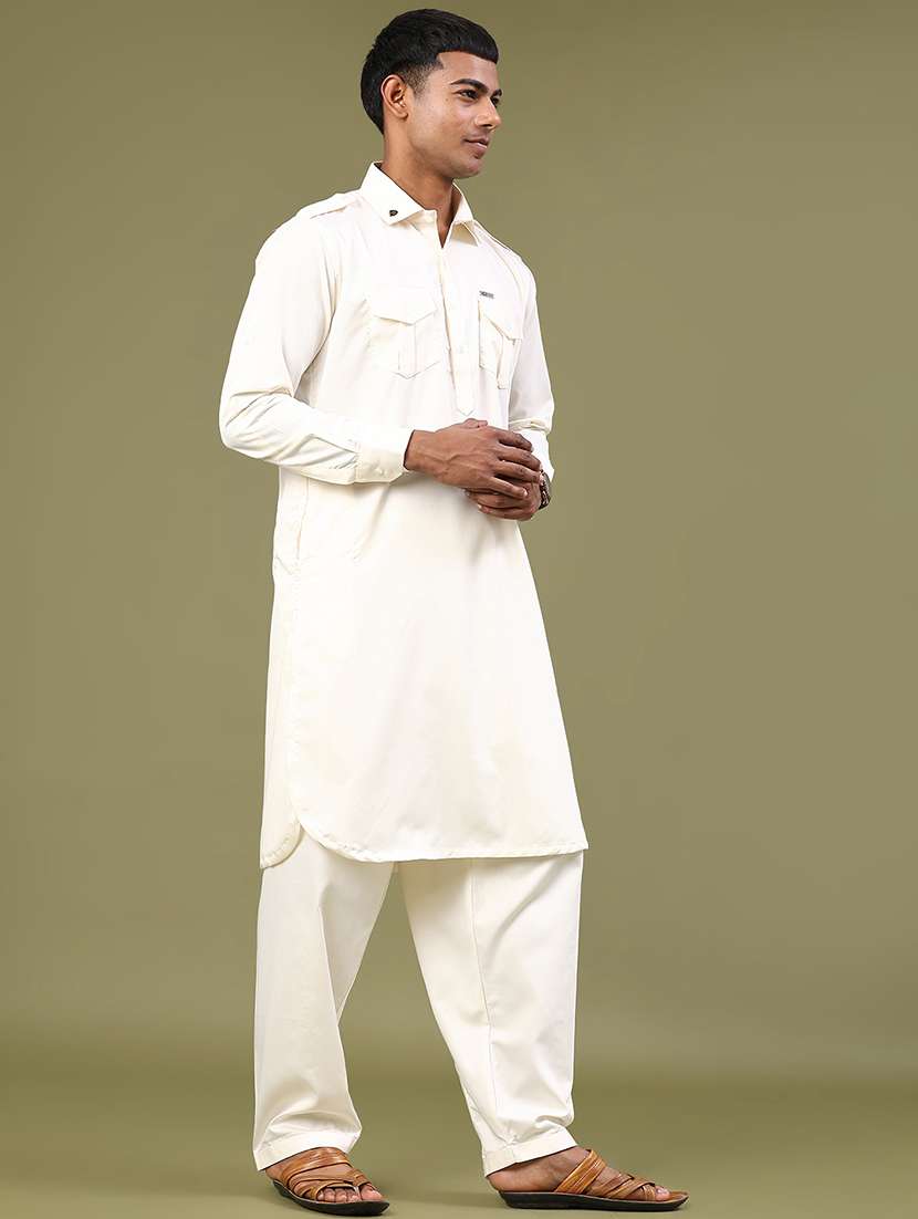 men solid long sleeve pathani ethnic wear set