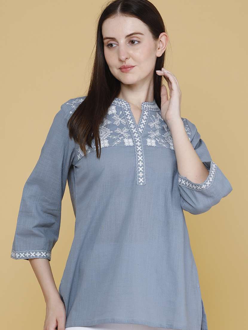 women embroidered three quarter sleeves straight kurti