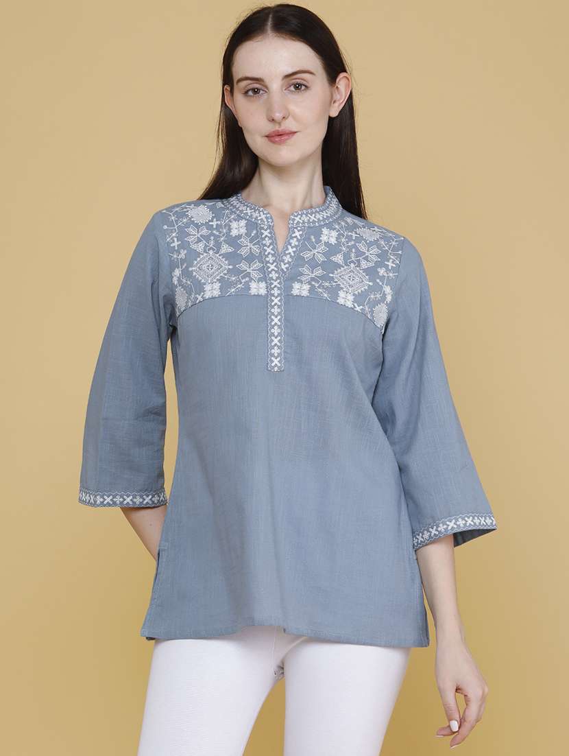 women embroidered three quarter sleeves straight kurti - 22331257 -  Standard Image - 3