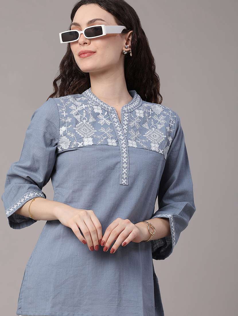 women embroidered three quarter sleeves straight kurti