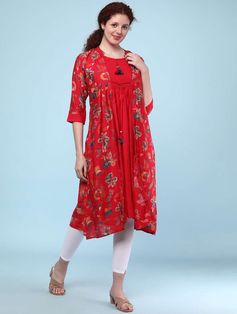 red cotton aline kurta - 22331270 -  Standard Image - 3