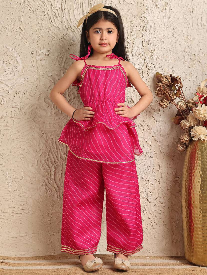 girls printed sleeveless kurta and palazzo set 