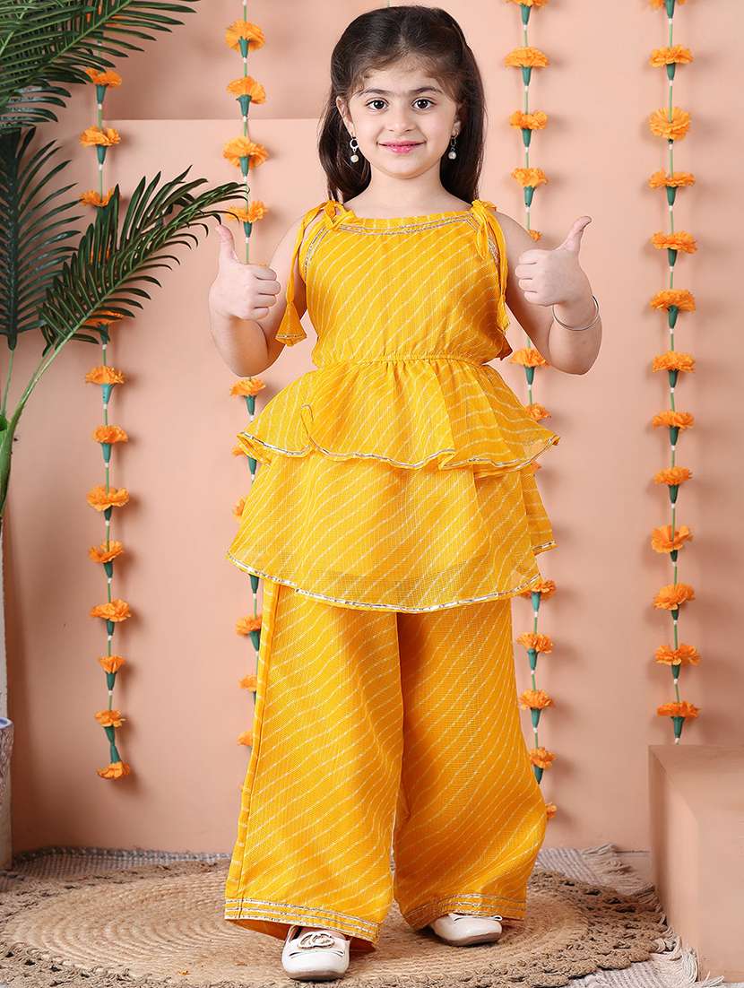 girls printed sleeveless kurta and palazzo set 