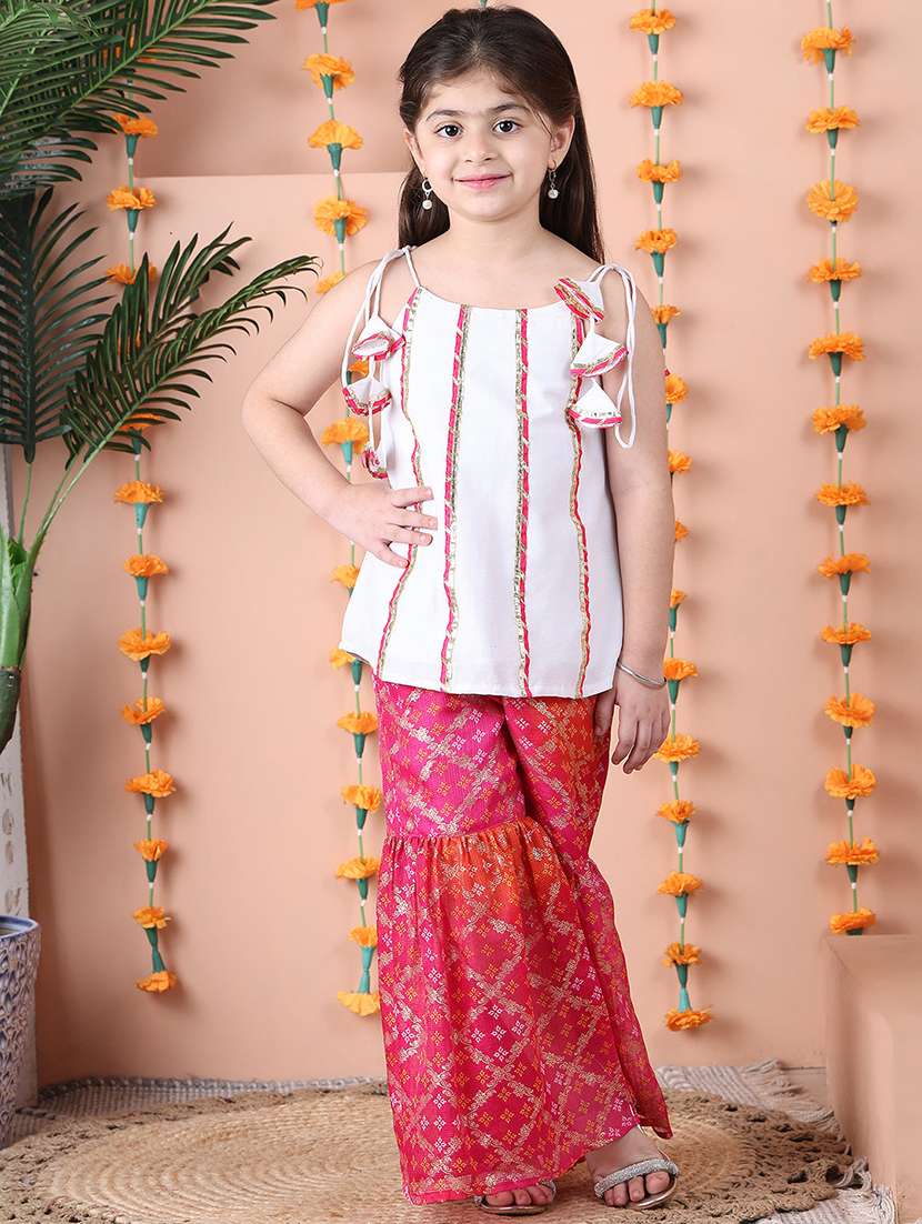 girls printed sleeveless kurta and sharara set 