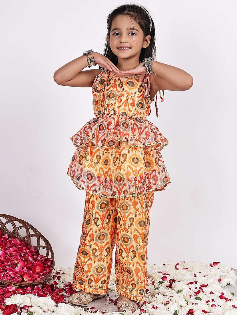 girls printed sleeveless kurta and palazzo set 