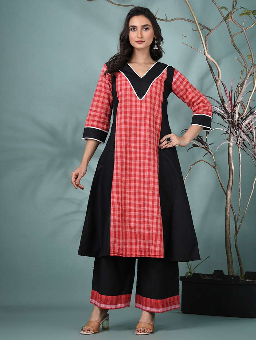 women checkered three quarter sleeve kurta palazzo set