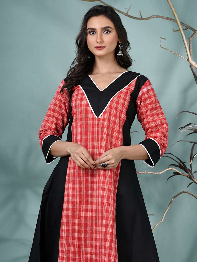 women checkered three quarter sleeve kurta palazzo set - 22331449 -  Standard Image - 5