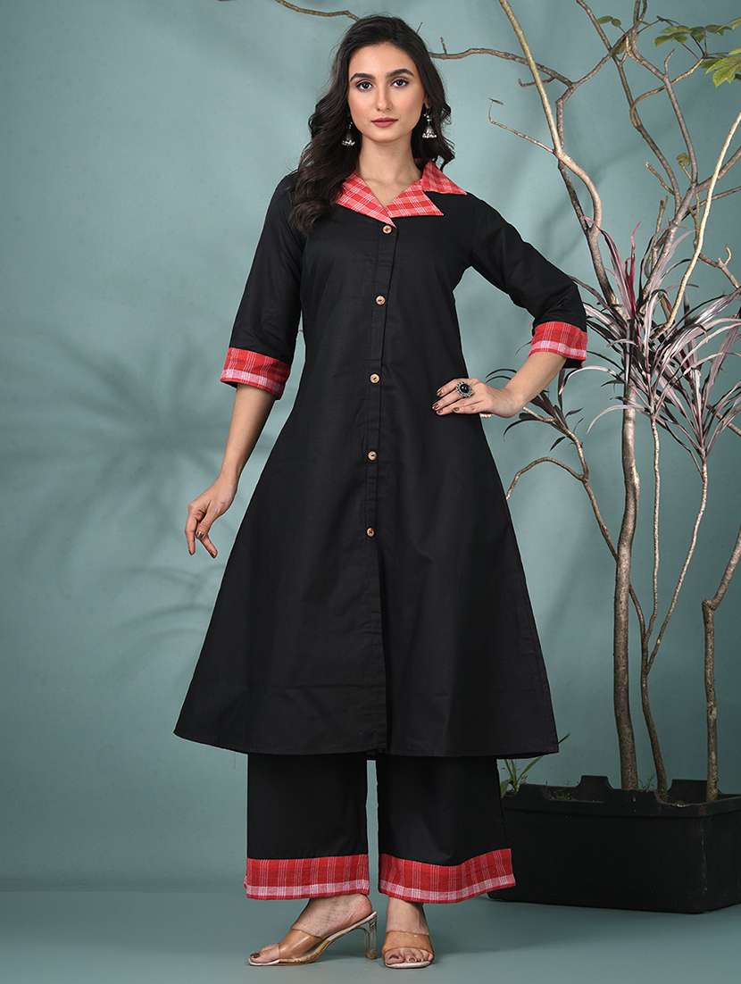 women solid three quarter sleeve kurta palazzo set