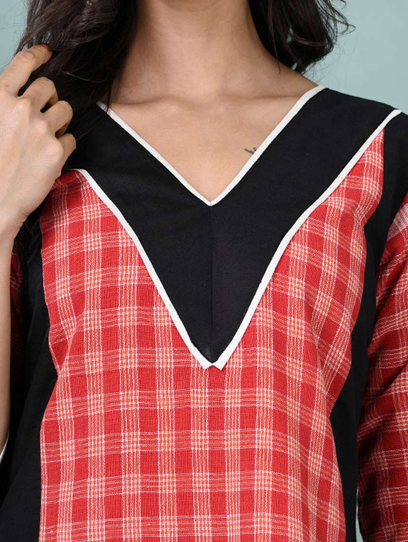 women checkered three quarter sleeve a-line kurta - 22331451 -  Standard Image - 5
