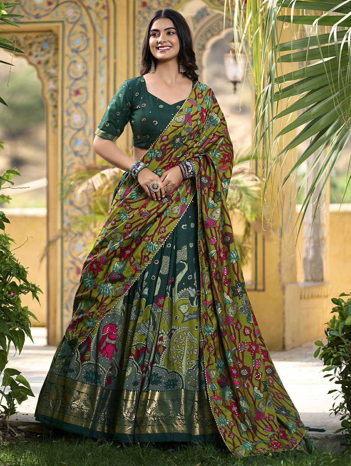 women printed semi-stitched flared lehenga