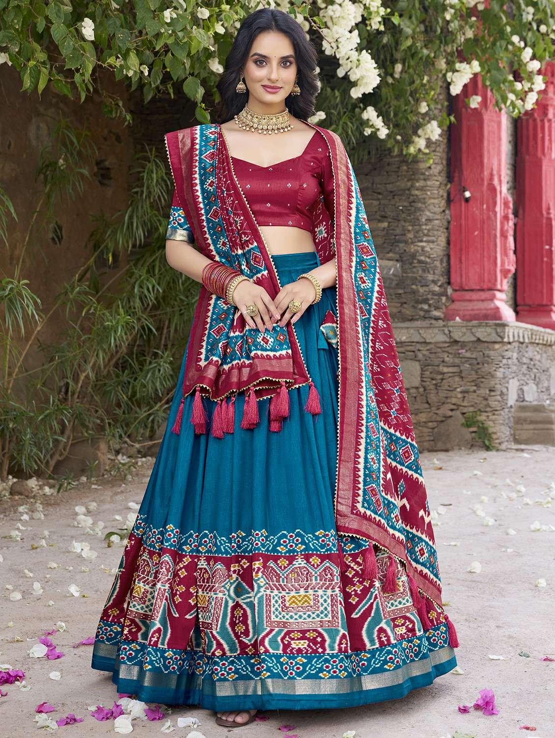 women printed semi-stitched flared lehenga
