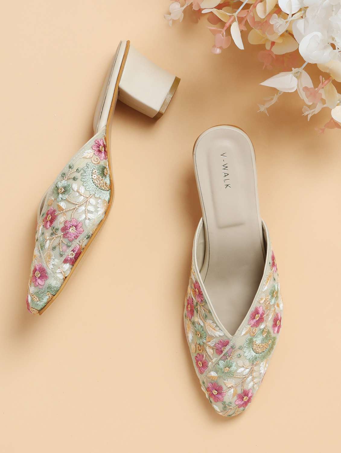 women embroidered slip on block heel mules