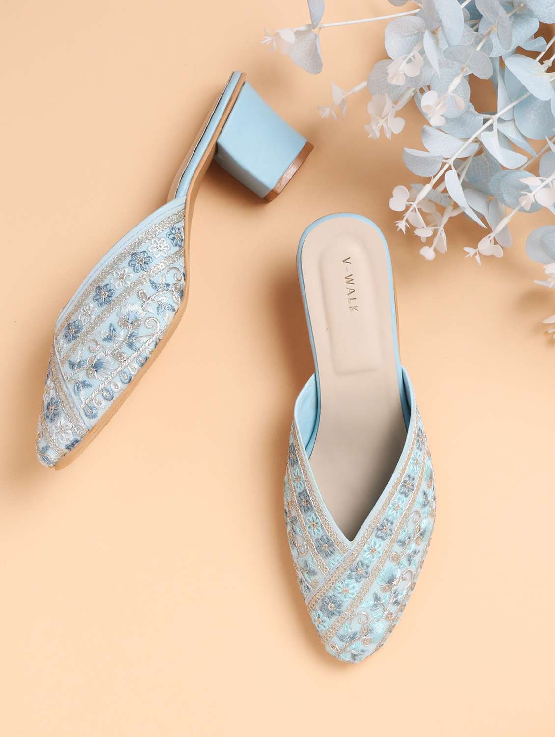 women embroidered slip on block heel mules