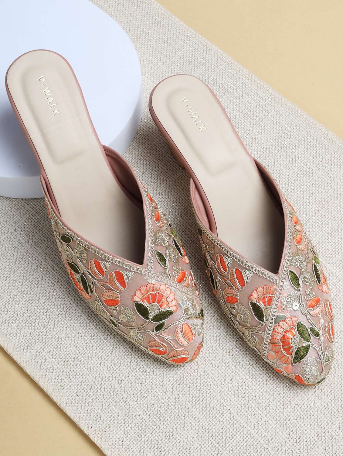 women embroidered slip on block heel mules