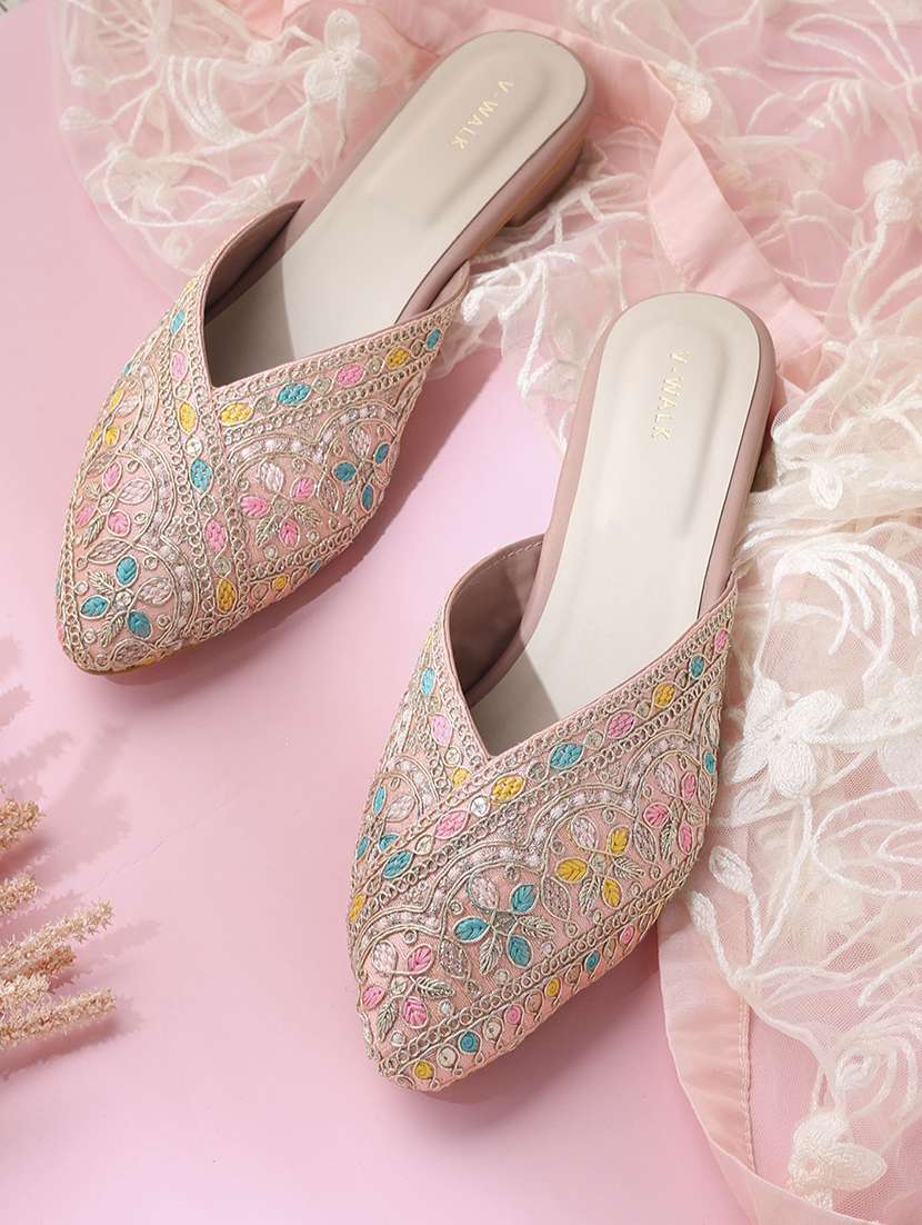 women embroidered slip on flat mules