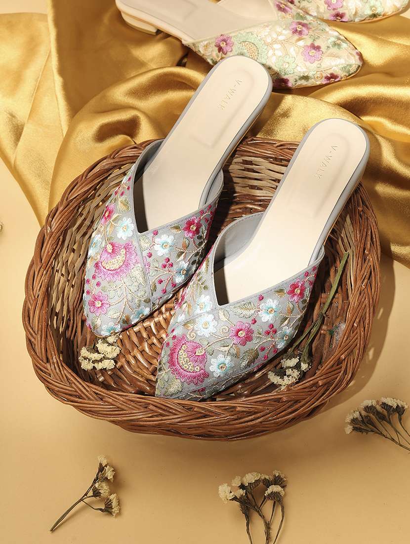 women embroidered slip on flat mules