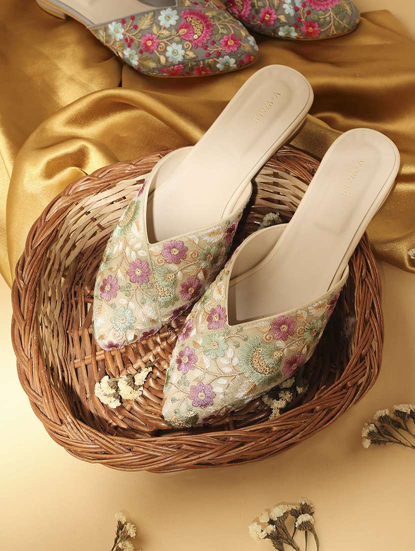 women embroidered slip on flat mules