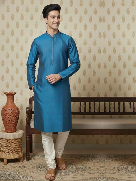 men self design mandarin neck ethnic wear set