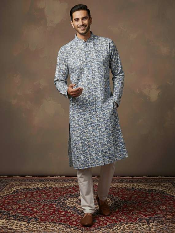men self design mandarin neck ethnic wear set