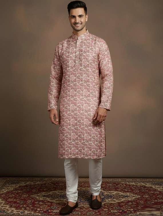 men self design mandarin neck ethnic wear set