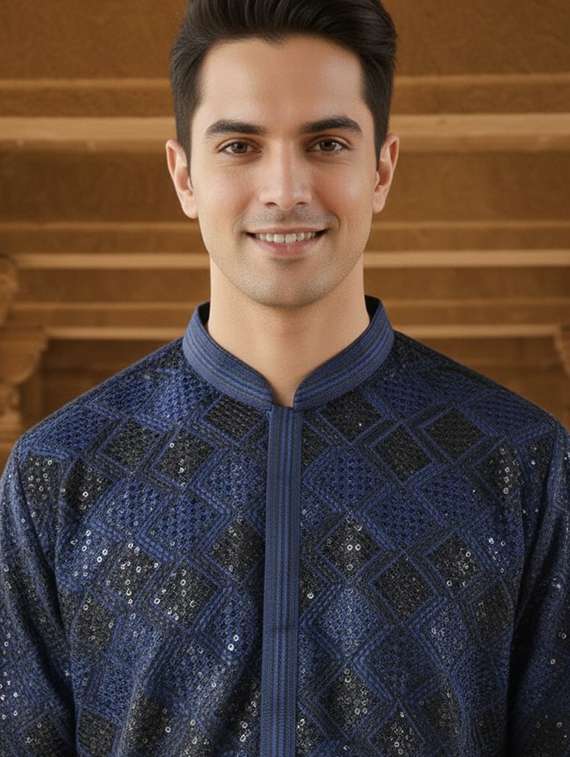 men solid with work mandarin neck ethnic wear set - 22332002 -  Standard Image - 3