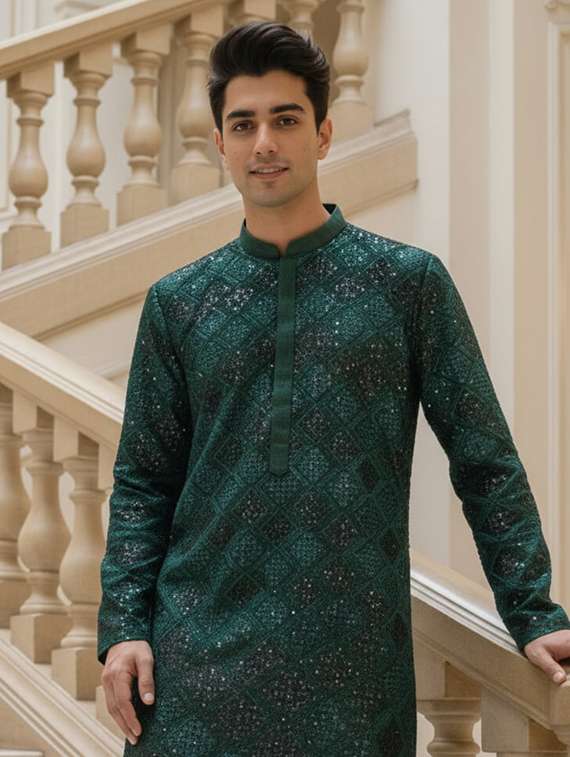 men solid with work mandarin neck ethnic wear set - 22332003 -  Standard Image - 3