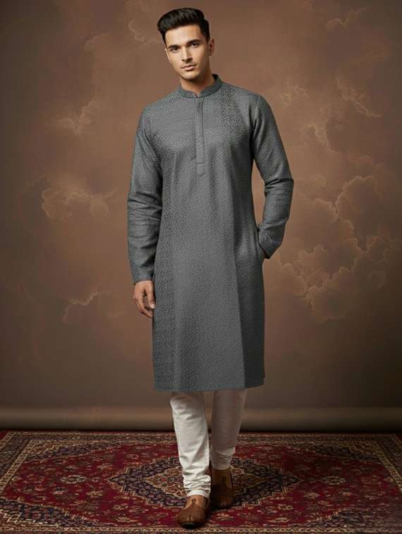 men self design mandarin neck ethnic wear set