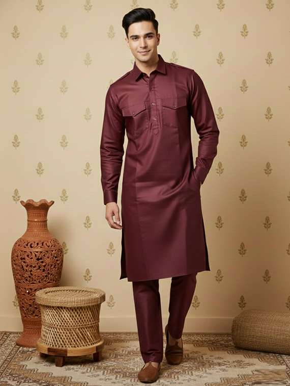 men solid long sleeve pathani ethnic wear set - 22332024 -  Standard Image - 3