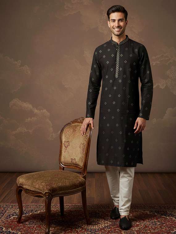 men solid with work mandarin neck ethnic wear set