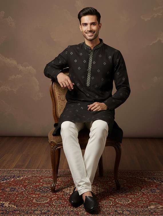 men solid with work mandarin neck ethnic wear set - 22332028 -  Standard Image - 3