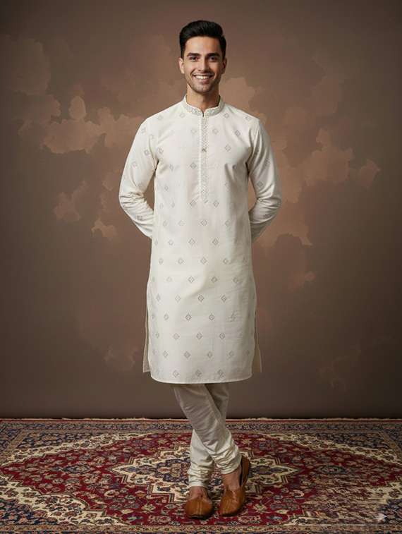 men solid with work mandarin neck ethnic wear set