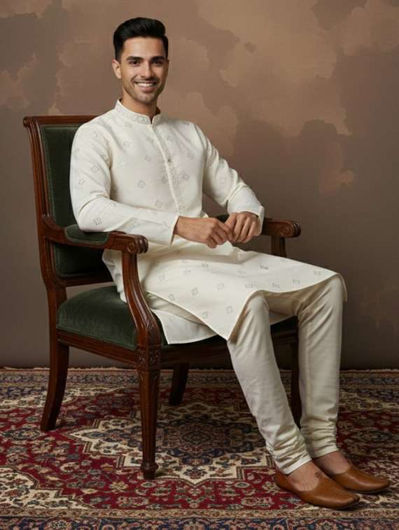 men solid with work mandarin neck ethnic wear set - 22332030 -  Standard Image - 3