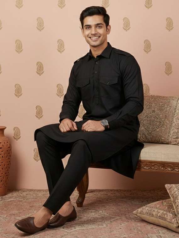 men solid long sleeve pathani ethnic wear set - 22332032 -  Standard Image - 3