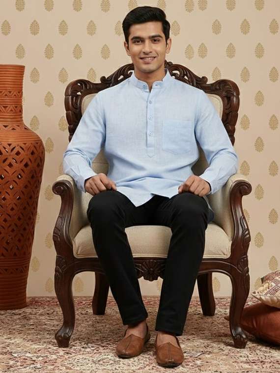 men solid mandarin neck short kurta - 22332034 -  Standard Image - 3