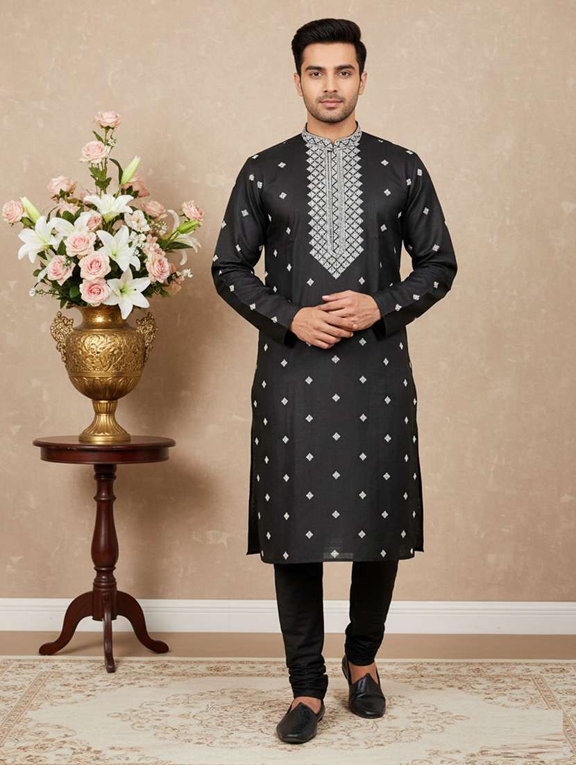 men solid with work mandarin neck long kurta