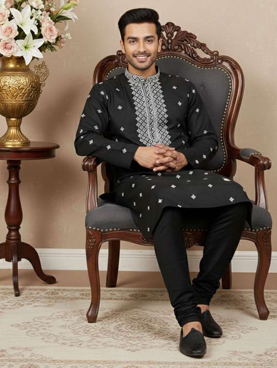 men solid with work mandarin neck long kurta - 22332042 -  Standard Image - 3